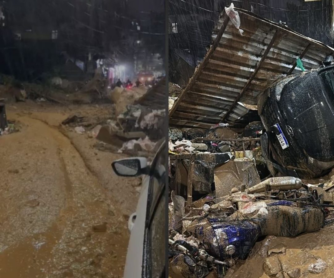 Deslizamento de terra atinge a Rocinha e arrasta carro e moto durante chuva forte