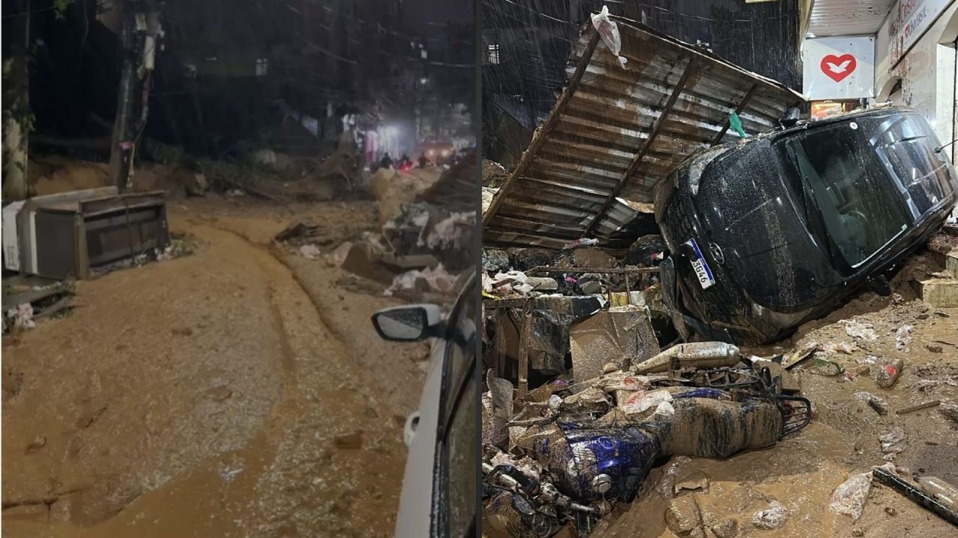 Deslizamento de terra atinge a Rocinha e arrasta carro e moto durante chuva forte